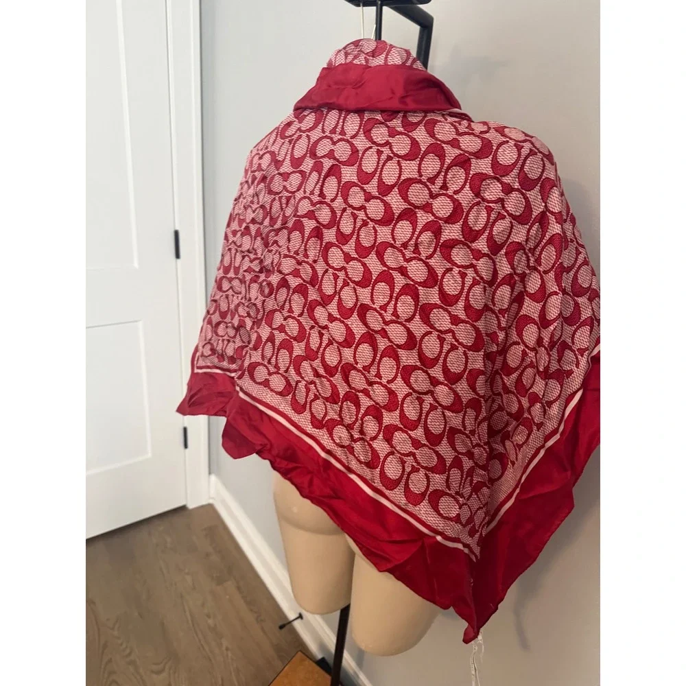Coach Red White Signature C Logo 100% Silk Square Scarf C2755